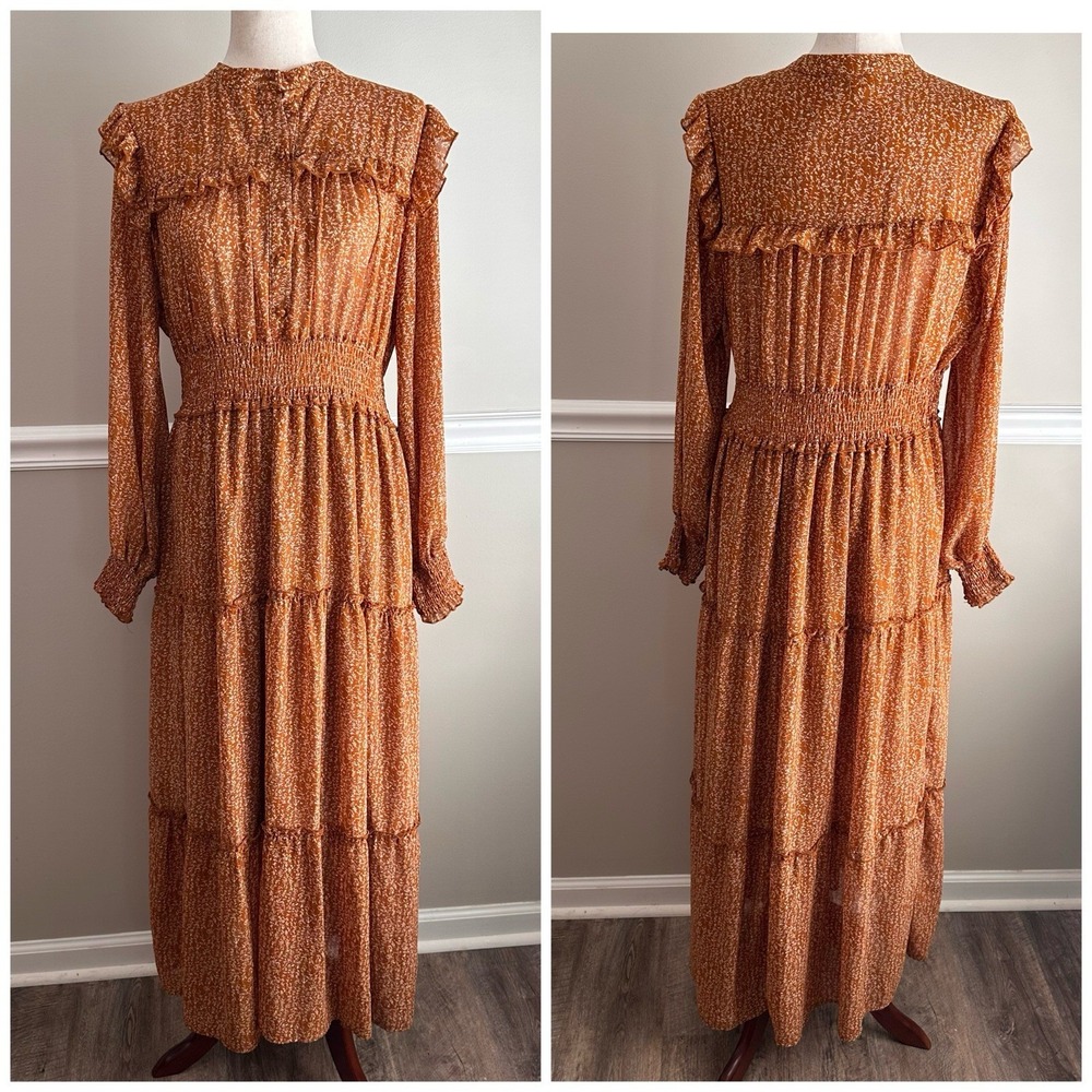 Pinch Brown Floral Maxi Dress L Long Sleeve Boho Prairie Cottage Chiffon Ruffle